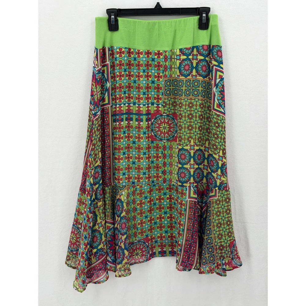 Multiples Skirt Women Medium Petite Green Colorful Mosaic Boho Flowy Midi Hippie